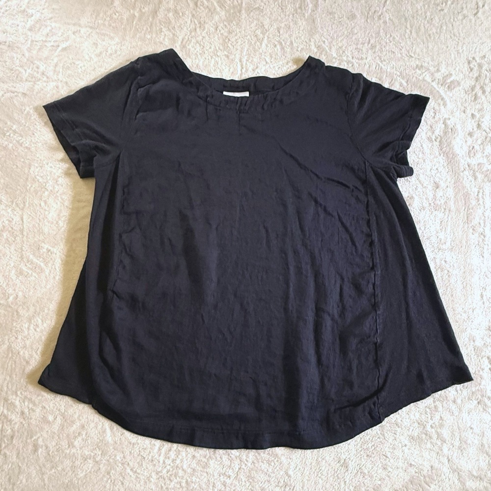 J. Jill Navy Blue Linen Short Sleeve Top Medium Love Linen High-Low Hem